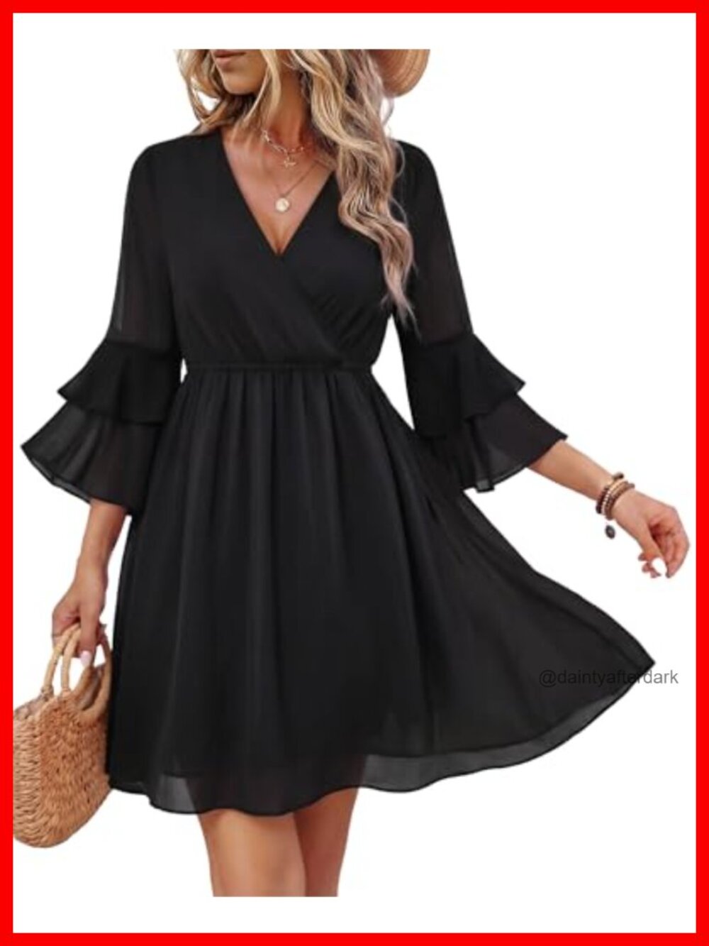 Womens 3/4 Ruffle Sleeve V Neck Flowy Chiffon A-Line Mini Dress